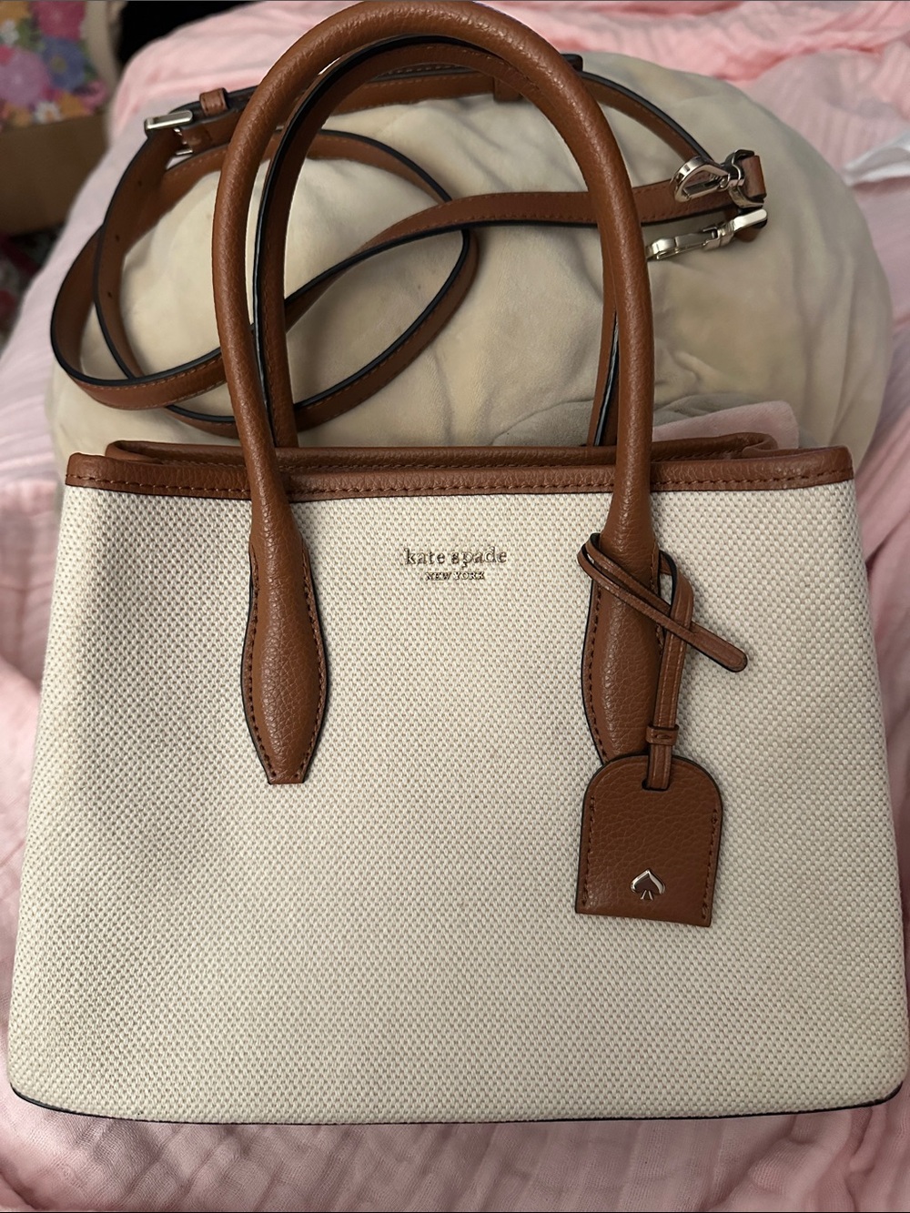 kate spade Cream Canvas Satchel with Brown Leather Trim